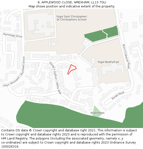 8, APPLEWOOD CLOSE, WREXHAM, LL13 7GU: Location map and indicative extent of plot