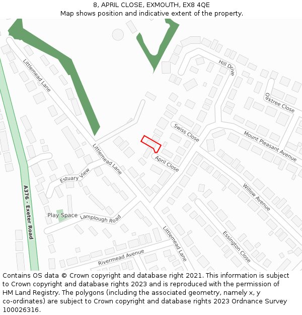 8, APRIL CLOSE, EXMOUTH, EX8 4QE: Location map and indicative extent of plot