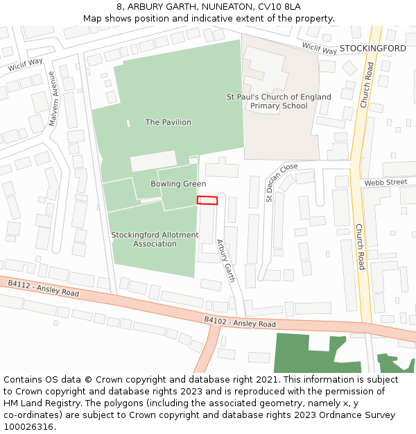 8, ARBURY GARTH, NUNEATON, CV10 8LA: Location map and indicative extent of plot