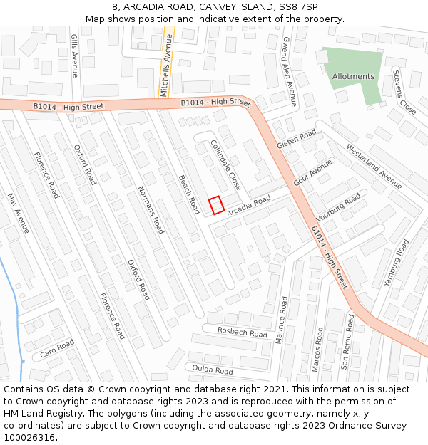 8, ARCADIA ROAD, CANVEY ISLAND, SS8 7SP: Location map and indicative extent of plot