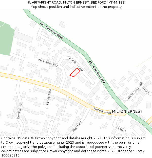8, ARKWRIGHT ROAD, MILTON ERNEST, BEDFORD, MK44 1SE: Location map and indicative extent of plot