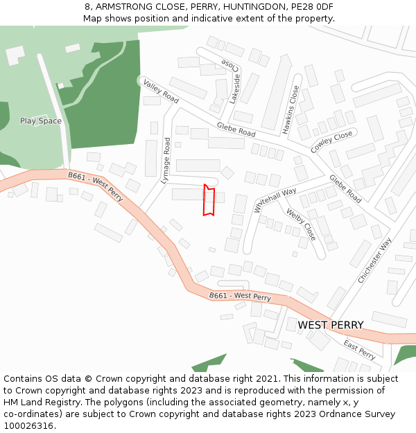 8, ARMSTRONG CLOSE, PERRY, HUNTINGDON, PE28 0DF: Location map and indicative extent of plot