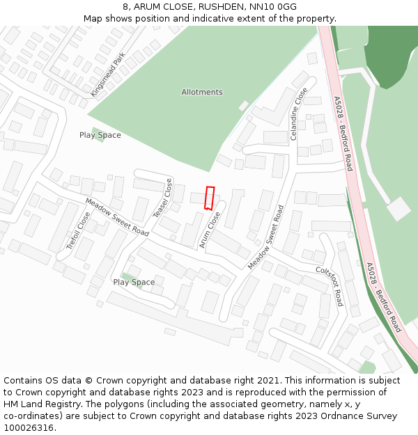 8, ARUM CLOSE, RUSHDEN, NN10 0GG: Location map and indicative extent of plot