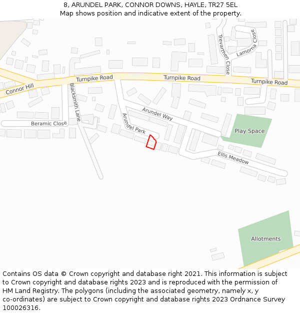 8, ARUNDEL PARK, CONNOR DOWNS, HAYLE, TR27 5EL: Location map and indicative extent of plot