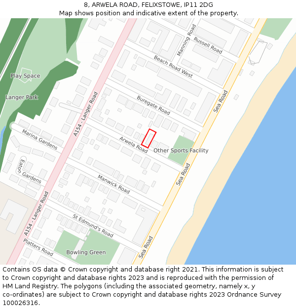 8, ARWELA ROAD, FELIXSTOWE, IP11 2DG: Location map and indicative extent of plot