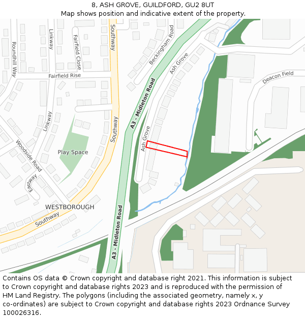 8, ASH GROVE, GUILDFORD, GU2 8UT: Location map and indicative extent of plot