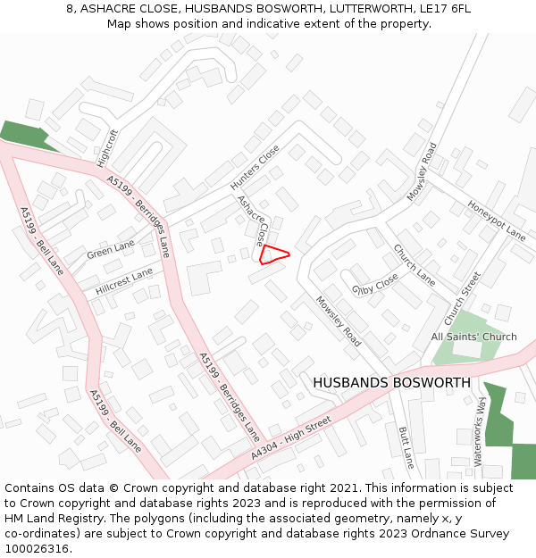 8, ASHACRE CLOSE, HUSBANDS BOSWORTH, LUTTERWORTH, LE17 6FL: Location map and indicative extent of plot