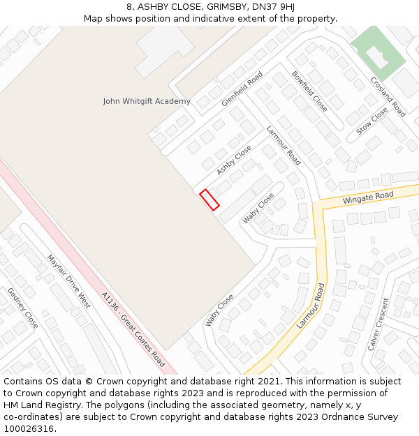 8, ASHBY CLOSE, GRIMSBY, DN37 9HJ: Location map and indicative extent of plot