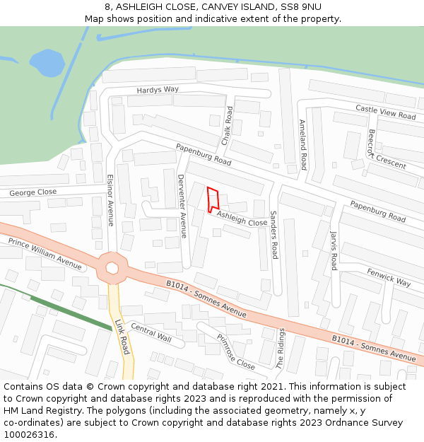 8, ASHLEIGH CLOSE, CANVEY ISLAND, SS8 9NU: Location map and indicative extent of plot