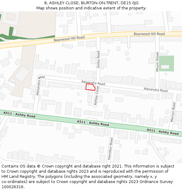 8, ASHLEY CLOSE, BURTON-ON-TRENT, DE15 0JG: Location map and indicative extent of plot