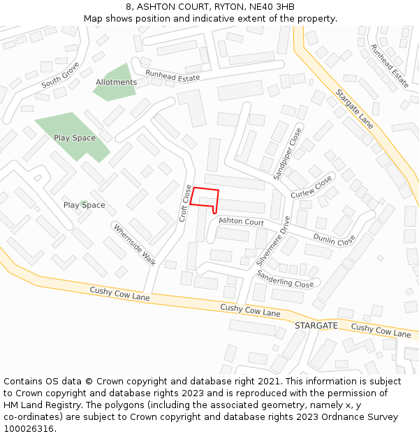 8, ASHTON COURT, RYTON, NE40 3HB: Location map and indicative extent of plot