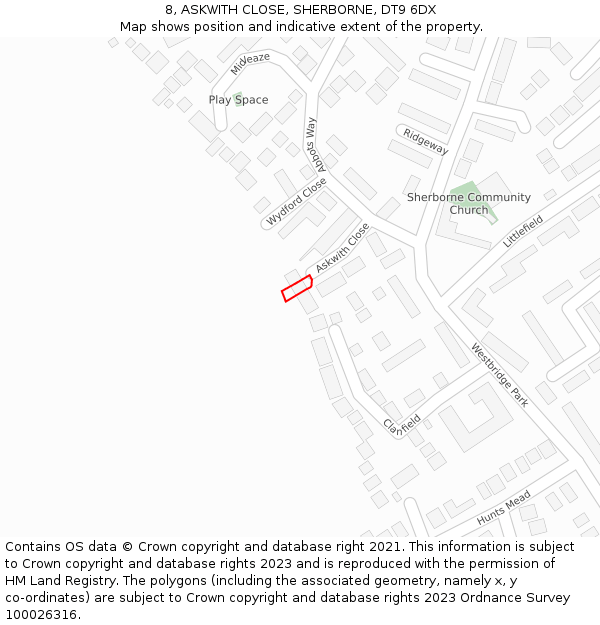 8, ASKWITH CLOSE, SHERBORNE, DT9 6DX: Location map and indicative extent of plot