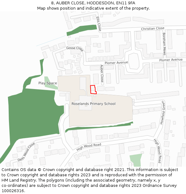 8, AUBER CLOSE, HODDESDON, EN11 9FA: Location map and indicative extent of plot