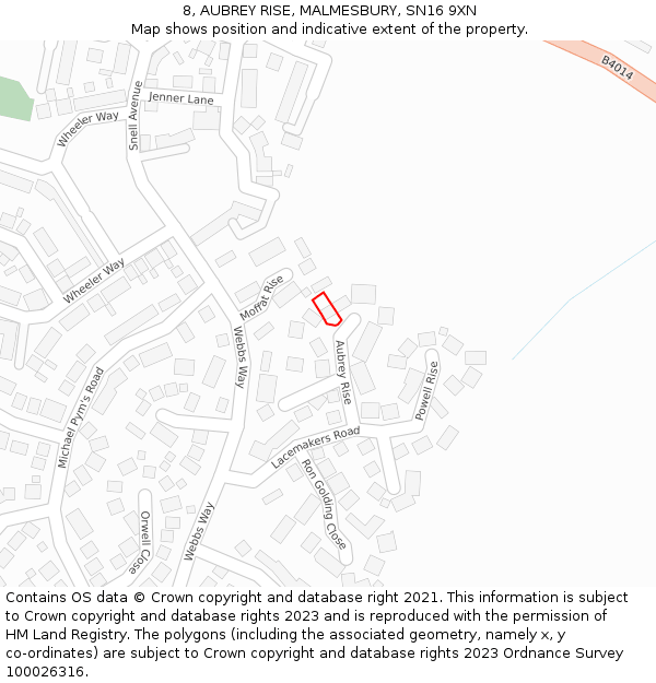 8, AUBREY RISE, MALMESBURY, SN16 9XN: Location map and indicative extent of plot