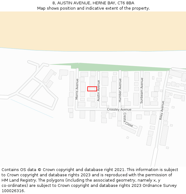 8, AUSTIN AVENUE, HERNE BAY, CT6 8BA: Location map and indicative extent of plot