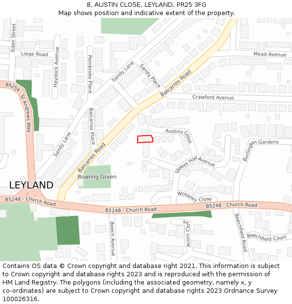 8, AUSTIN CLOSE, LEYLAND, PR25 3FG: Location map and indicative extent of plot