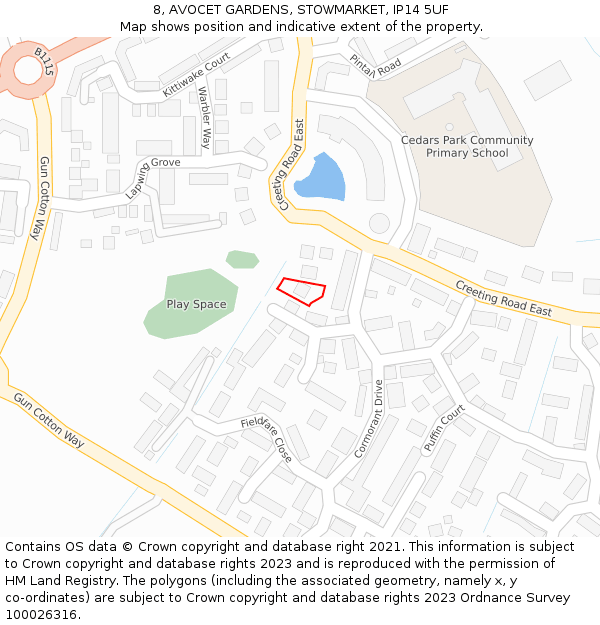 8, AVOCET GARDENS, STOWMARKET, IP14 5UF: Location map and indicative extent of plot