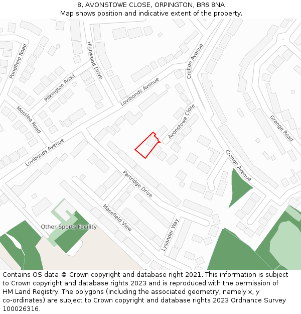 8, AVONSTOWE CLOSE, ORPINGTON, BR6 8NA: Location map and indicative extent of plot