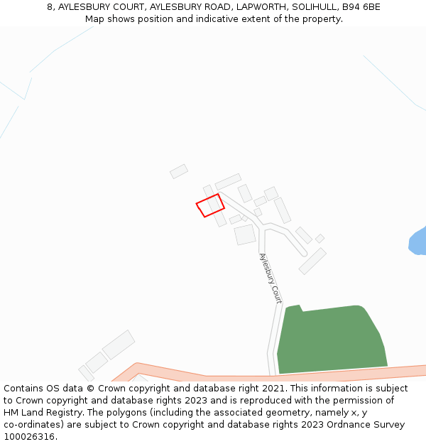 8, AYLESBURY COURT, AYLESBURY ROAD, LAPWORTH, SOLIHULL, B94 6BE: Location map and indicative extent of plot