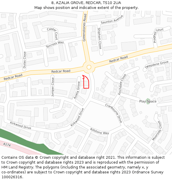 8, AZALIA GROVE, REDCAR, TS10 2UA: Location map and indicative extent of plot