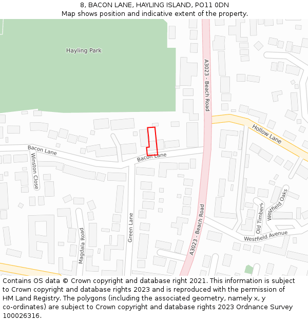 8, BACON LANE, HAYLING ISLAND, PO11 0DN: Location map and indicative extent of plot