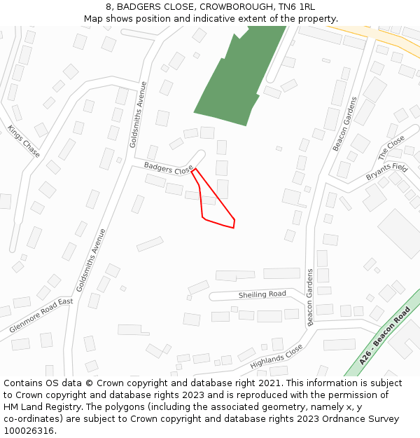 8, BADGERS CLOSE, CROWBOROUGH, TN6 1RL: Location map and indicative extent of plot