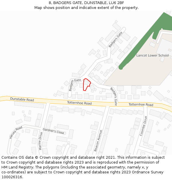 8, BADGERS GATE, DUNSTABLE, LU6 2BF: Location map and indicative extent of plot