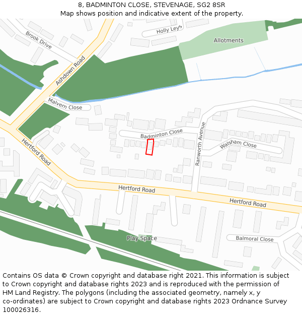 8, BADMINTON CLOSE, STEVENAGE, SG2 8SR: Location map and indicative extent of plot