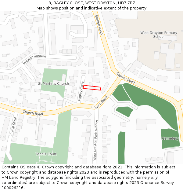 8, BAGLEY CLOSE, WEST DRAYTON, UB7 7PZ: Location map and indicative extent of plot