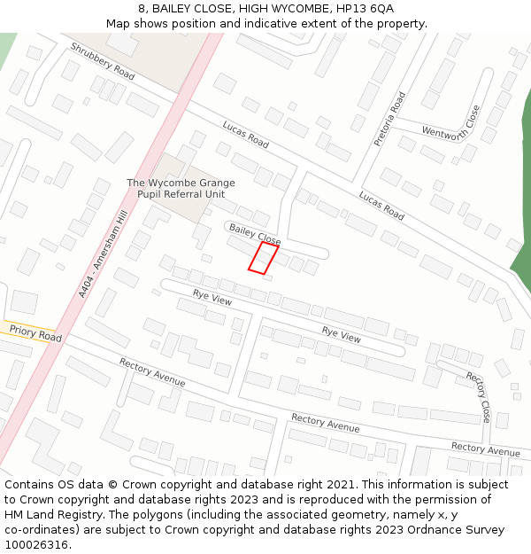 8, BAILEY CLOSE, HIGH WYCOMBE, HP13 6QA: Location map and indicative extent of plot