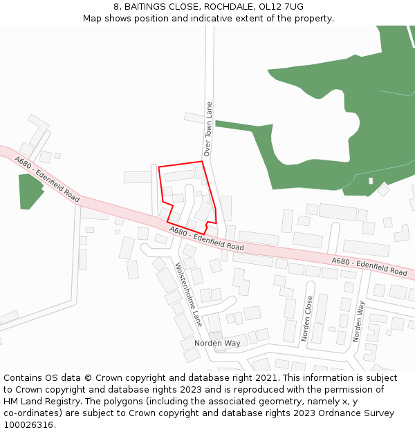 8, BAITINGS CLOSE, ROCHDALE, OL12 7UG: Location map and indicative extent of plot