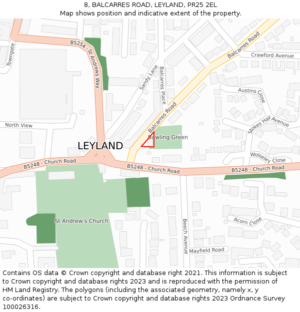 8, BALCARRES ROAD, LEYLAND, PR25 2EL: Location map and indicative extent of plot