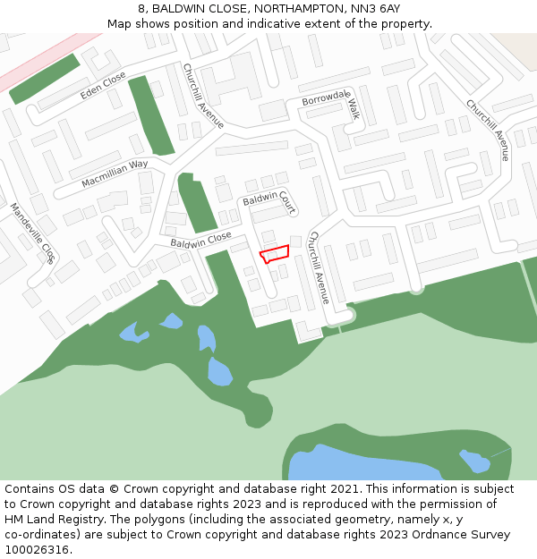 8, BALDWIN CLOSE, NORTHAMPTON, NN3 6AY: Location map and indicative extent of plot