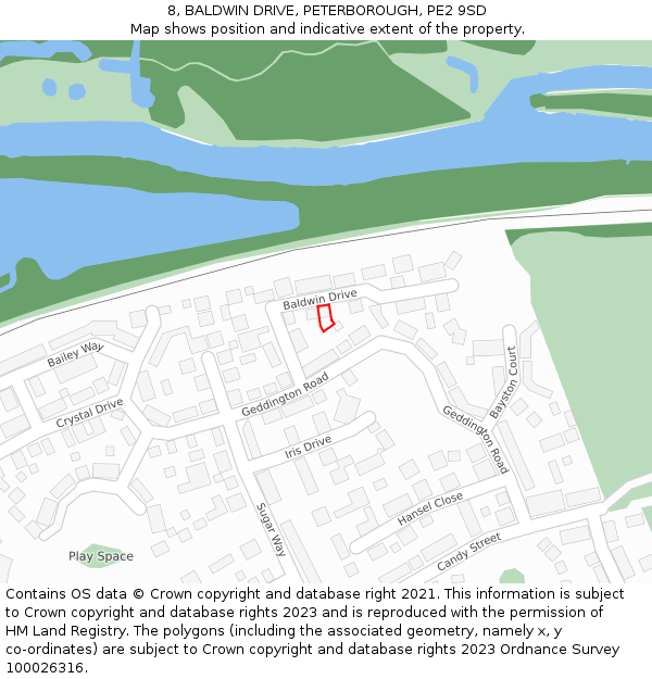 8, BALDWIN DRIVE, PETERBOROUGH, PE2 9SD: Location map and indicative extent of plot