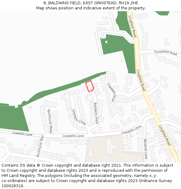 8, BALDWINS FIELD, EAST GRINSTEAD, RH19 2HE: Location map and indicative extent of plot