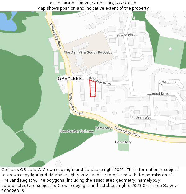 8, BALMORAL DRIVE, SLEAFORD, NG34 8GA: Location map and indicative extent of plot
