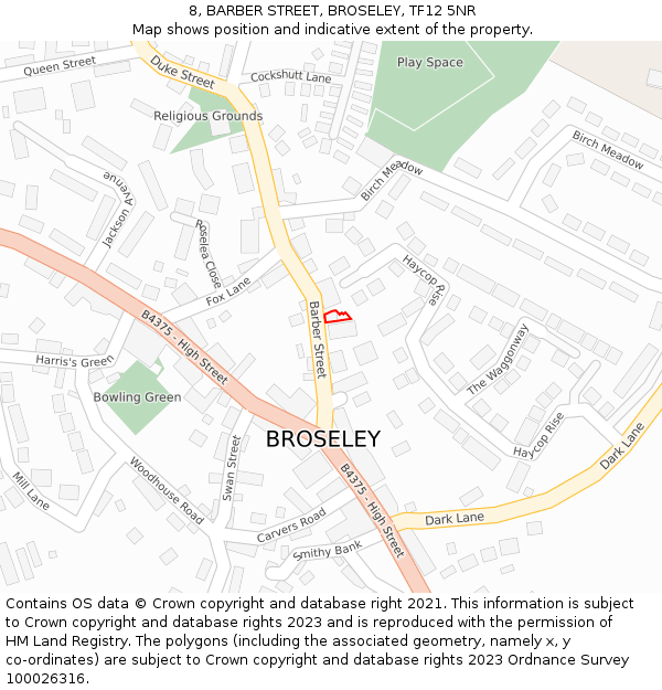 8, BARBER STREET, BROSELEY, TF12 5NR: Location map and indicative extent of plot