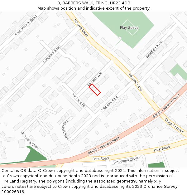 8, BARBERS WALK, TRING, HP23 4DB: Location map and indicative extent of plot