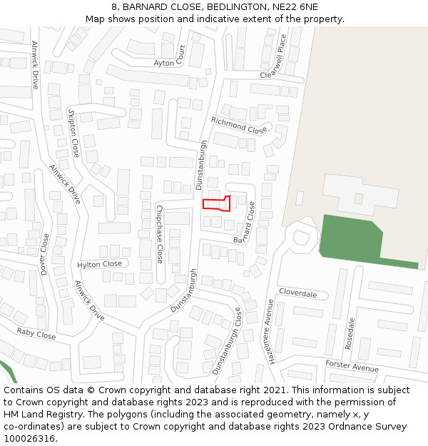 8, BARNARD CLOSE, BEDLINGTON, NE22 6NE: Location map and indicative extent of plot