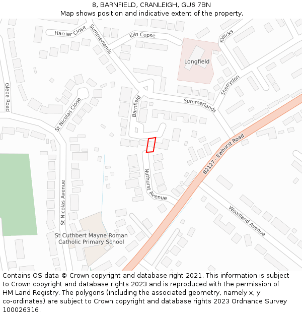 8, BARNFIELD, CRANLEIGH, GU6 7BN: Location map and indicative extent of plot