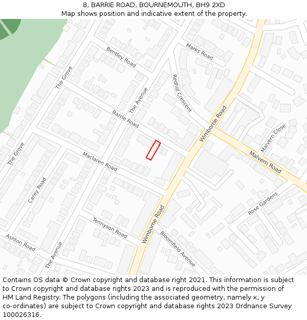 8, BARRIE ROAD, BOURNEMOUTH, BH9 2XD: Location map and indicative extent of plot