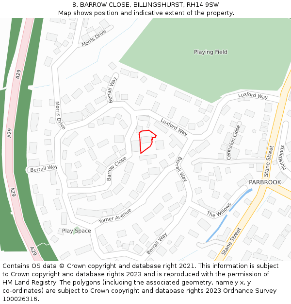 8, BARROW CLOSE, BILLINGSHURST, RH14 9SW: Location map and indicative extent of plot