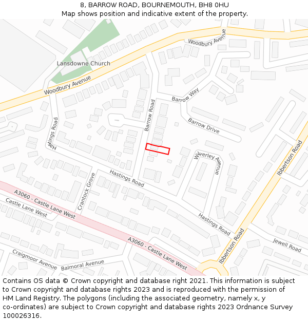 8, BARROW ROAD, BOURNEMOUTH, BH8 0HU: Location map and indicative extent of plot