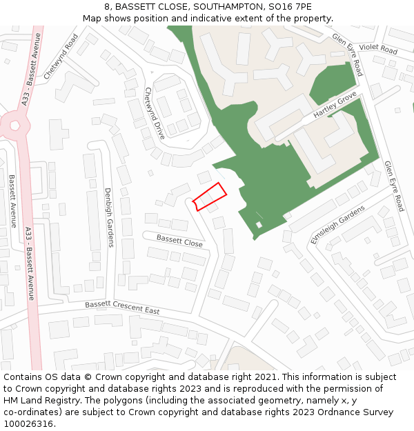 8, BASSETT CLOSE, SOUTHAMPTON, SO16 7PE: Location map and indicative extent of plot