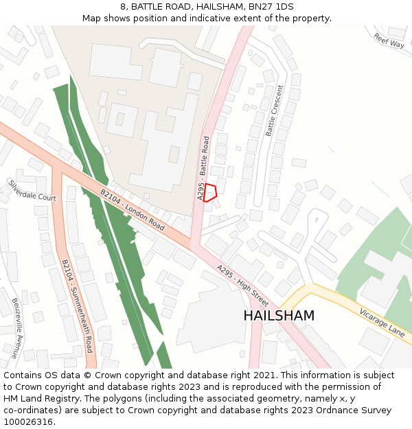 8, BATTLE ROAD, HAILSHAM, BN27 1DS: Location map and indicative extent of plot