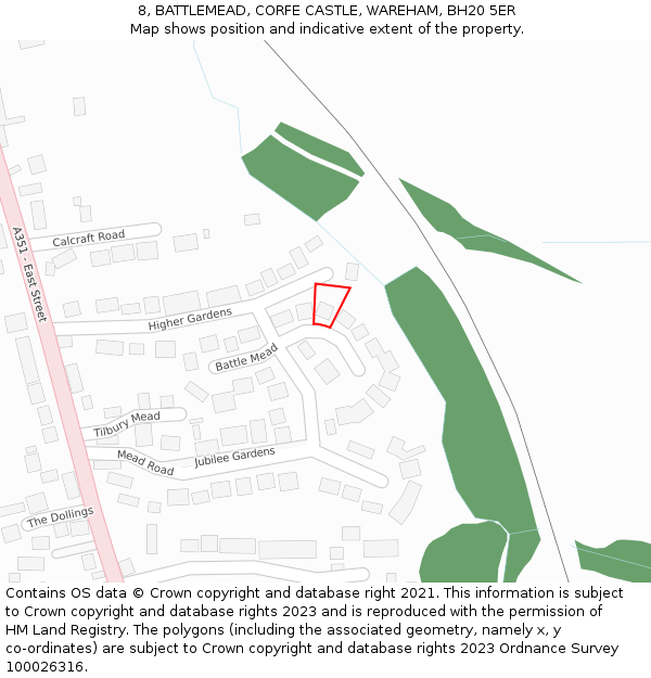 8, BATTLEMEAD, CORFE CASTLE, WAREHAM, BH20 5ER: Location map and indicative extent of plot