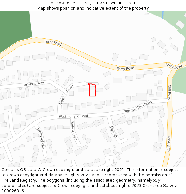 8, BAWDSEY CLOSE, FELIXSTOWE, IP11 9TT: Location map and indicative extent of plot