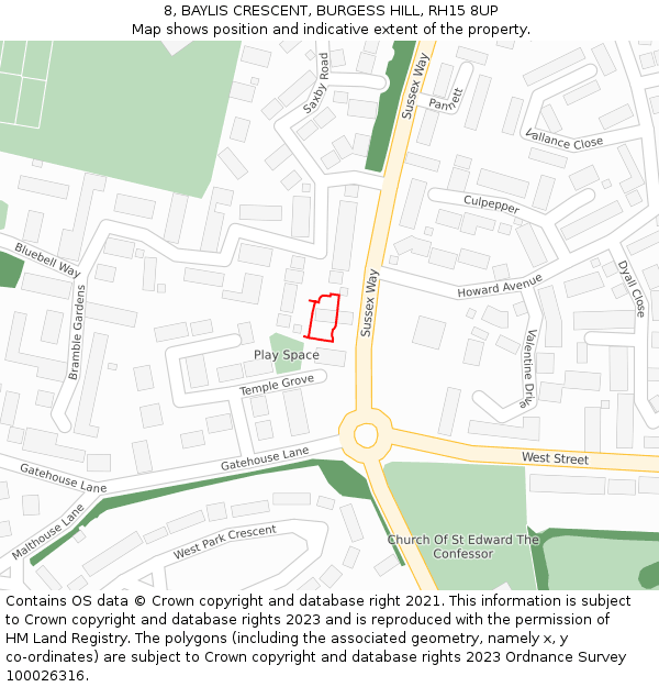 8, BAYLIS CRESCENT, BURGESS HILL, RH15 8UP: Location map and indicative extent of plot