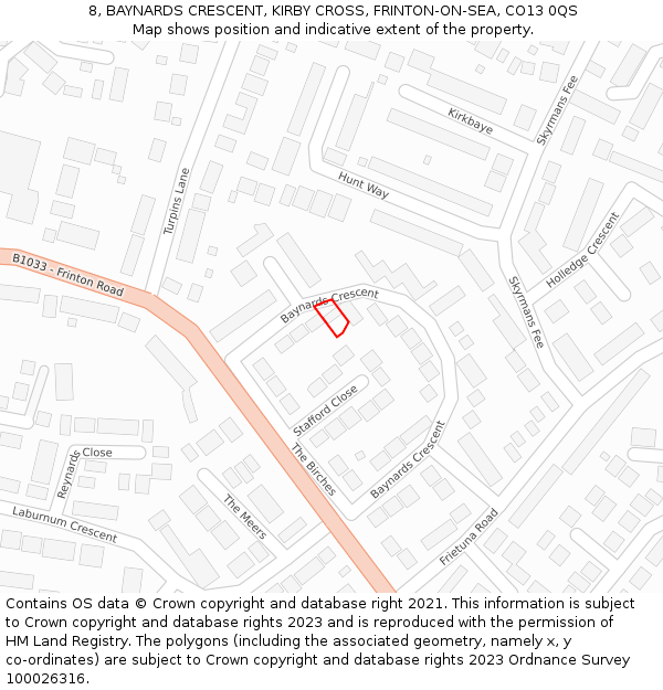 8, BAYNARDS CRESCENT, KIRBY CROSS, FRINTON-ON-SEA, CO13 0QS: Location map and indicative extent of plot