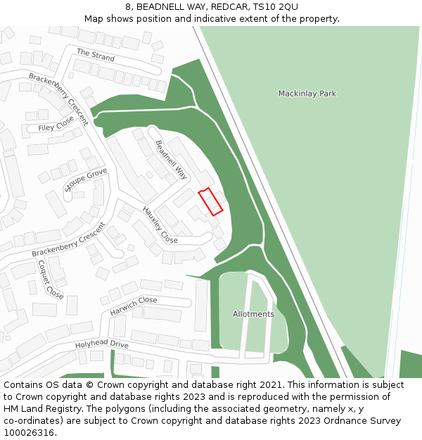 8, BEADNELL WAY, REDCAR, TS10 2QU: Location map and indicative extent of plot